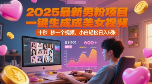 2025最新男粉项目，一键生成美女视频，日引600+色粉 十秒一个视频，小白轻松日入5张【揭秘】-小艾项目网