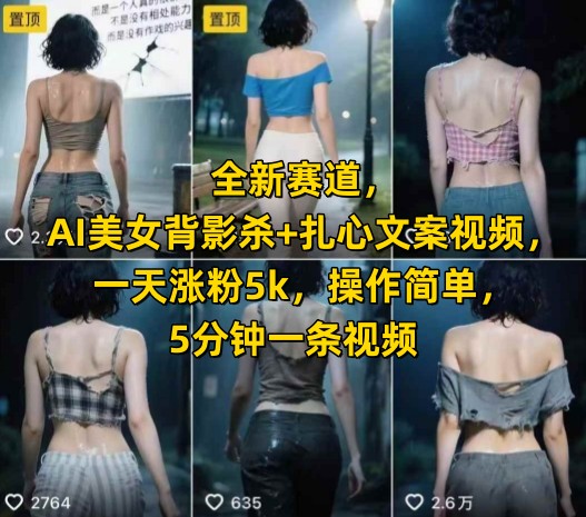 全新赛道,AI美女背影杀+扎心文案视频,一天涨粉5k,操作简单,5分钟一条视频
