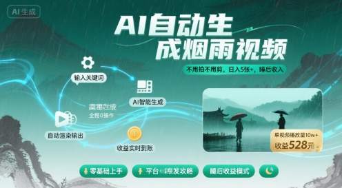 不用拍不用剪！AI自动生成烟雨视频，日入5张+，睡后收入-小艾项目网