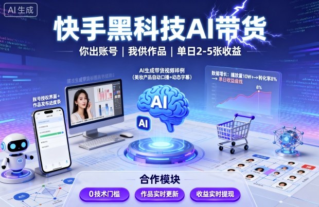 快手黑科技AI带货，你提供账号，我提供作品并发布，单日2-5张【揭秘】-小艾项目网