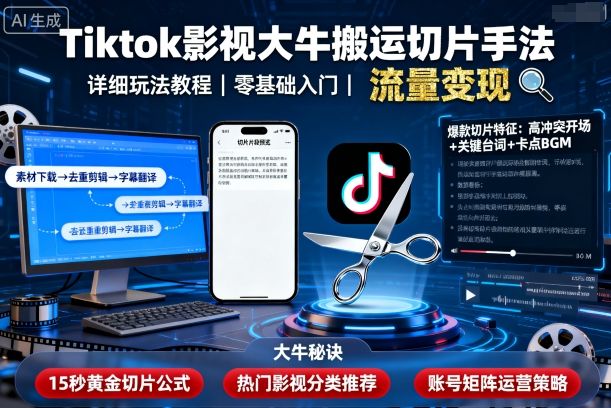 Tiktok影视大牛搬运切片手法，详细玩法教程-小艾项目网