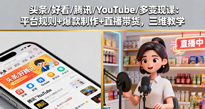 头条/好看/腾讯/YouTube/多变现课：平台规则+爆款制作+直播带货，三维教学-小艾项目网