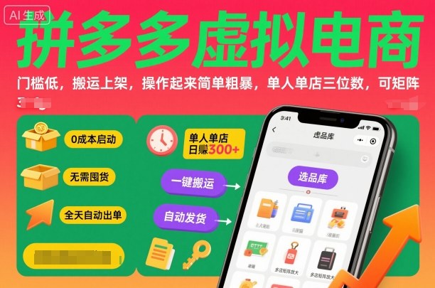 拼多多虚拟电商，门槛低，搬运上架，操作起来简单粗暴，单人单店三位数，可矩阵-小艾项目网
