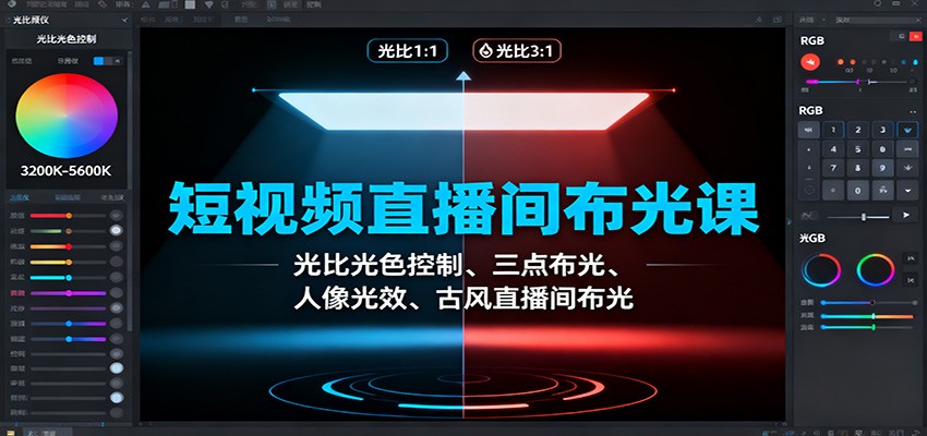 短视频直播间布光课：光比光色控制、三点布光、人像光效、古风直播间布光-小艾项目网