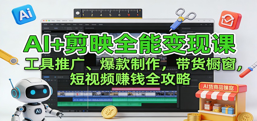 AI+剪映全能变现课：工具推广、爆款制作、带货橱窗，短视频赚钱全攻略-小艾项目网