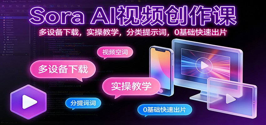 Sora AI视频创作课：多设备下载，实操教学，分类提示词，0基础快速出片-小艾项目网