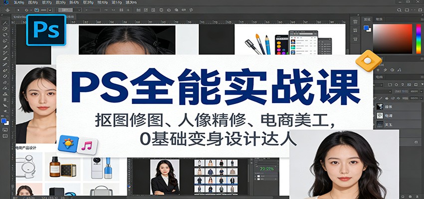 PS全能实战课：抠图修图、人像精修、电商美工，0基础变身设计达人-小艾项目网