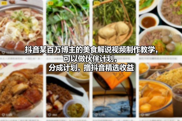抖音某百万博主的美食解说视频制作教学，可以做伙伴计划，分成计划，撸抖音精选收益-小艾项目网