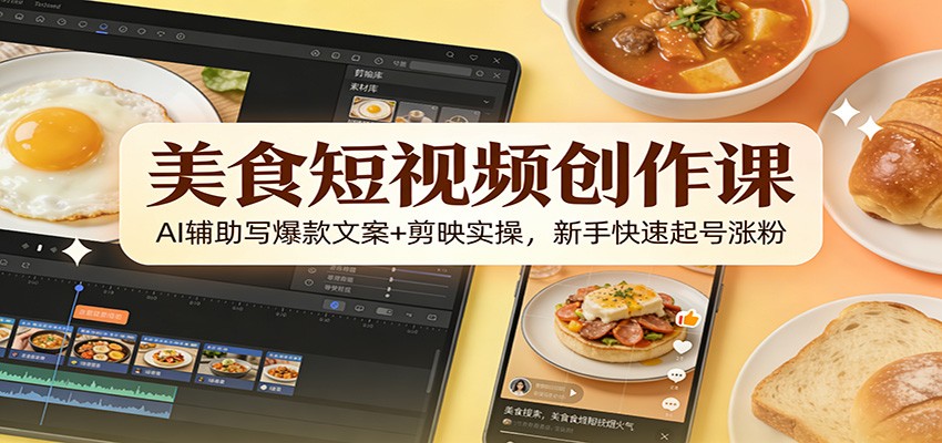 美食短视频创作课：AI辅助写爆款文案+剪映实操，新手快速起号涨粉-小艾项目网