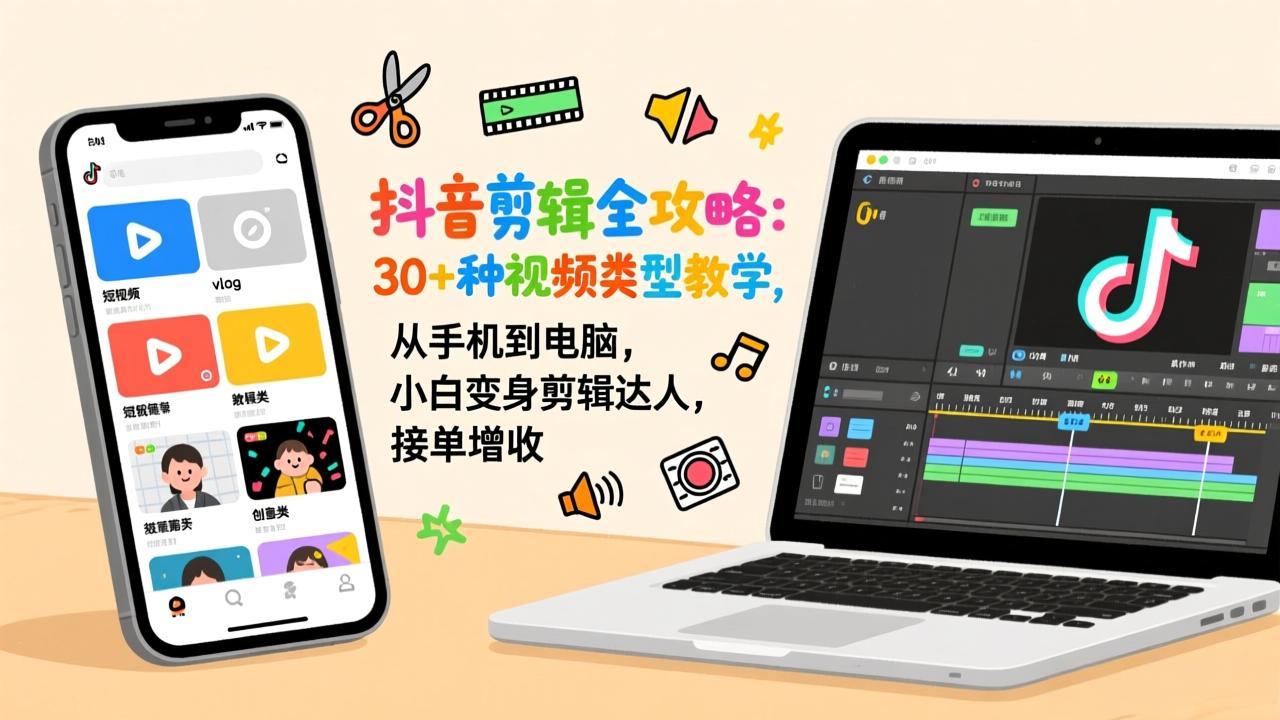 抖音剪辑全攻略：30+种视频类型教学，从手机到电脑，小白变身剪辑达人，接单增收-小艾项目网