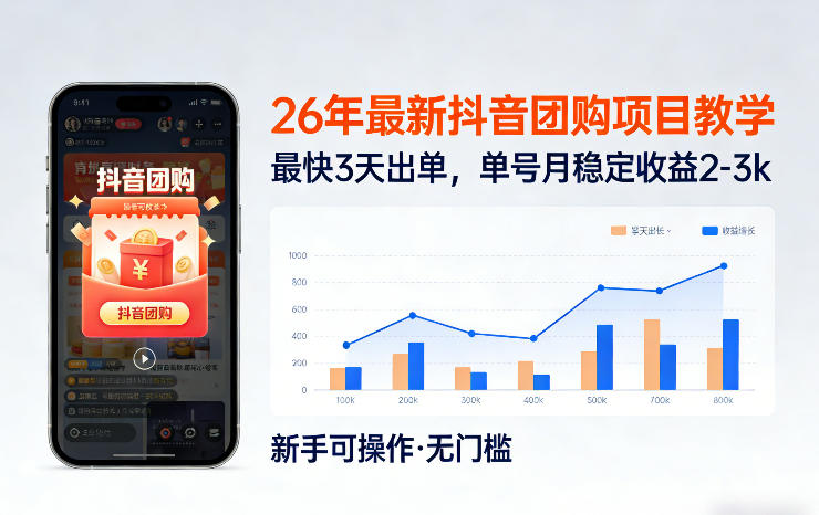 26年最新抖音团购项目教学，0门槛，最快3天出单，单号月稳定收益2-3k(更新3月11日)-小艾项目网