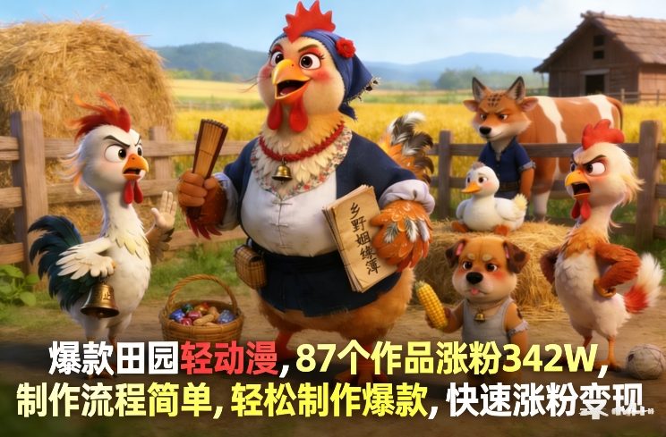 爆款田园轻动漫，87个作品涨粉342W，制作流程简单，轻松制作爆款，快速涨粉变现-小艾项目网
