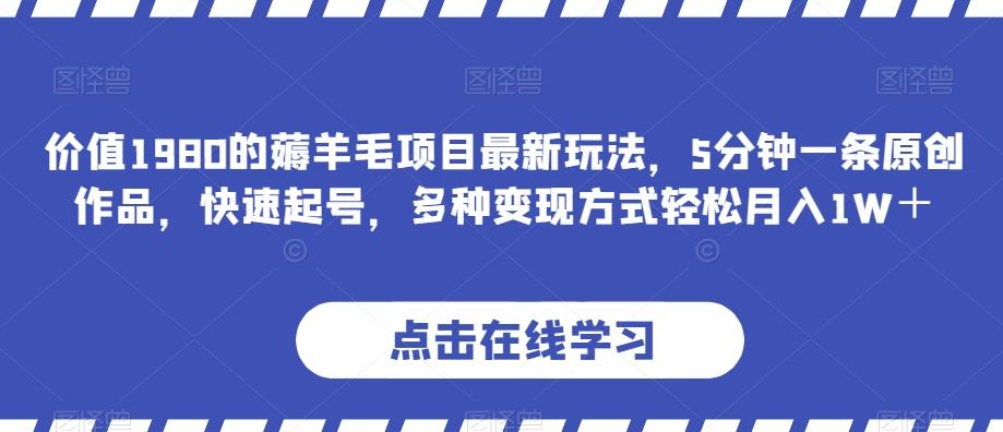 价值1980的薅羊毛项目最新玩法,5分钟一条原创作品,快速起号,多种变现方式轻松月入1W+【揭秘】