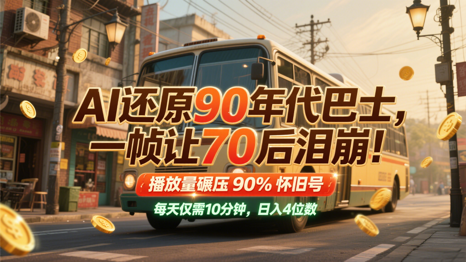 AI还原90年代巴士,一帧让70后泪崩!播放量碾压90%怀旧号,每天10分钟,日入4位数-小艾项目网